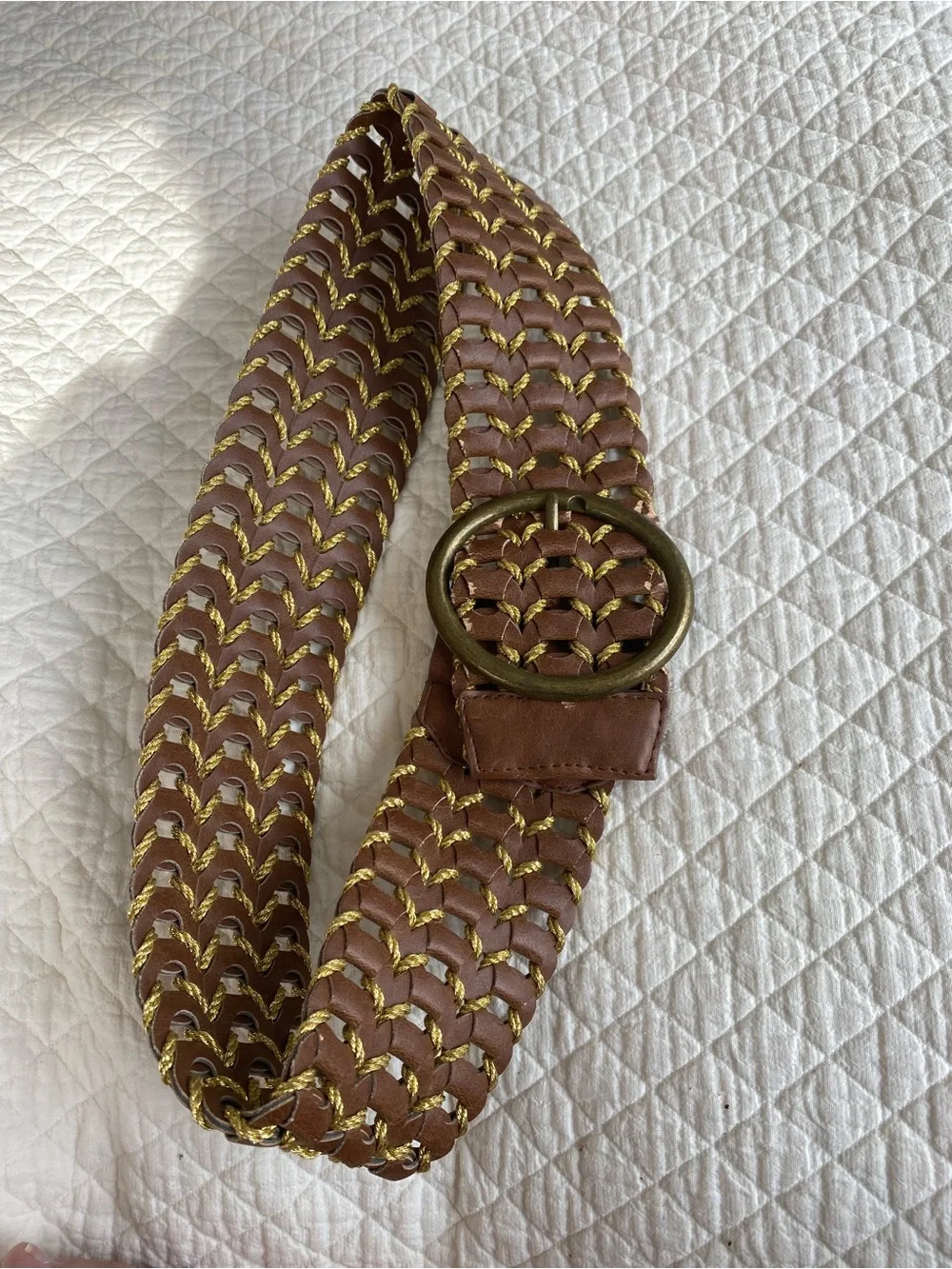 Festival Boho Hippie Wide Woven Braided Brown Faux Leather Gold Belt Small 32”